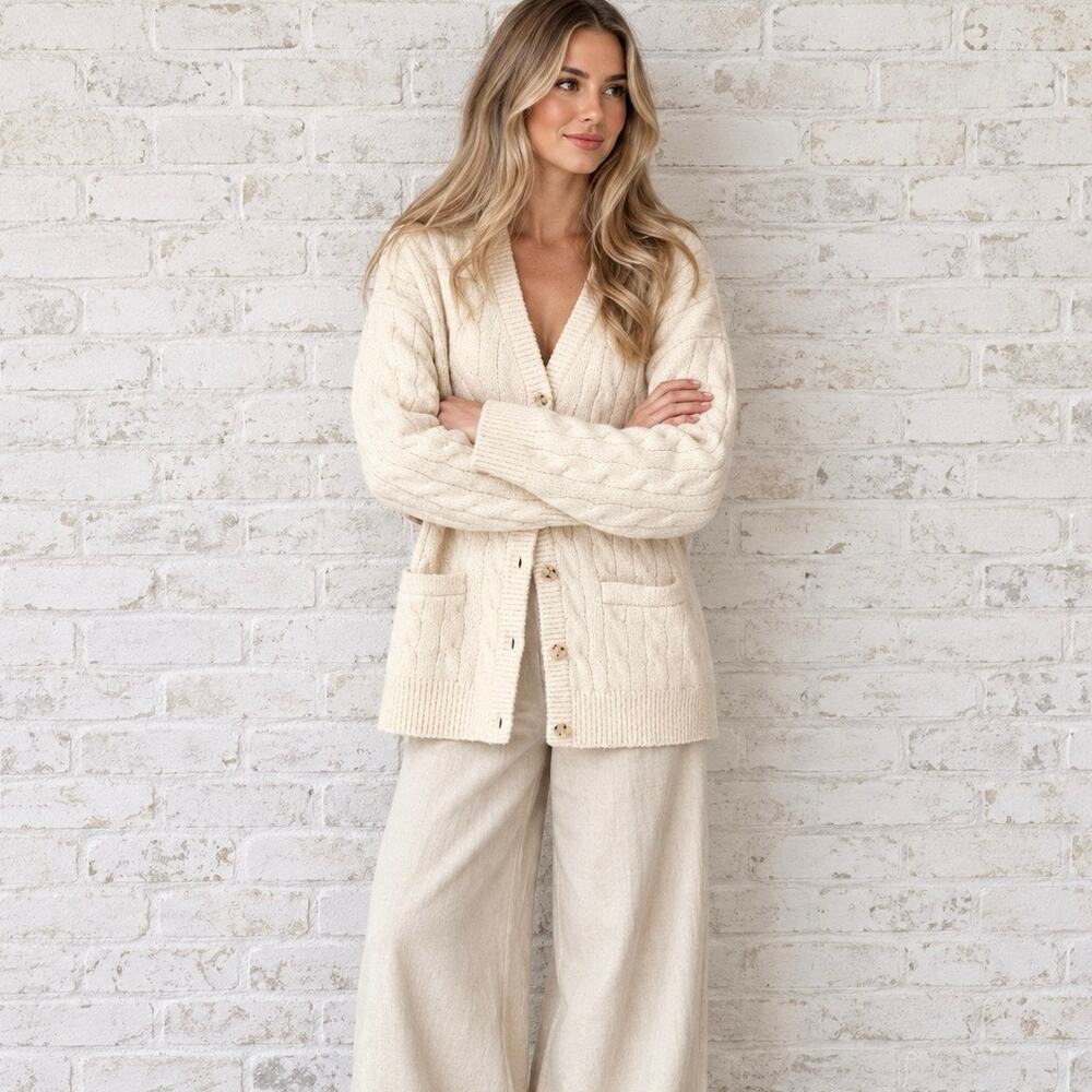 J. Crew Relaxed Cable Knit Cardigan Womens XS - S Chunky Fisherman Alpaca Blend